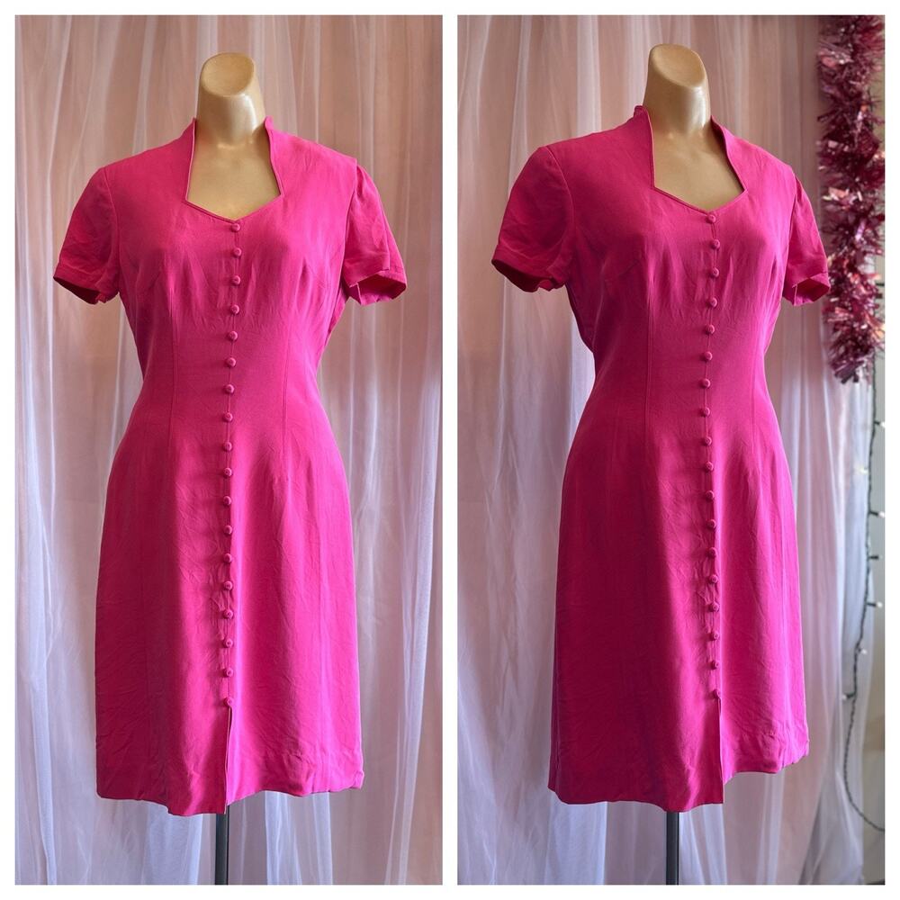Vintage 90s Pink Mini Dress Silk Short Sleeves Preppy Minimalist Wedding Guest S